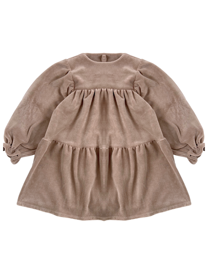 Welurowa sukienka z koronkowym kołnierzem - beżowa