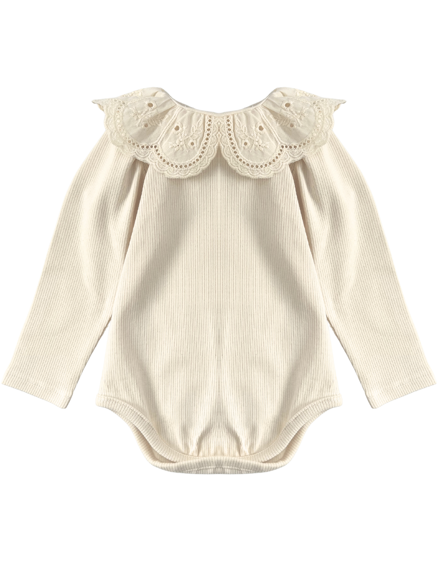Prążkowane body/bluzka z koronkowym kołnierzykiem -kremowe