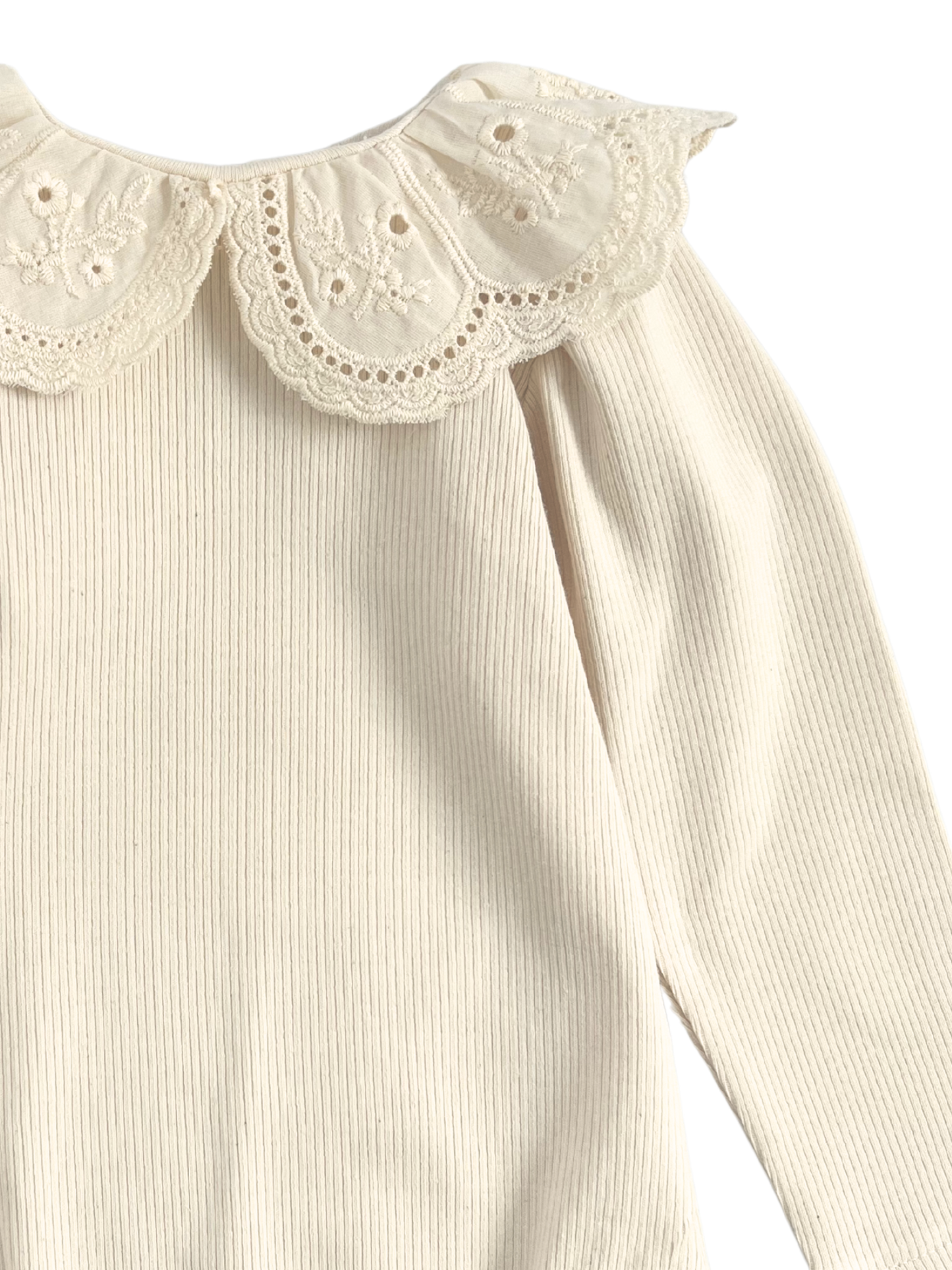 Prążkowane body/bluzka z koronkowym kołnierzykiem -kremowe