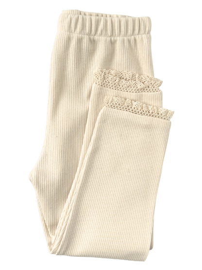 Prążkowane legginsy z koronką -kremowe