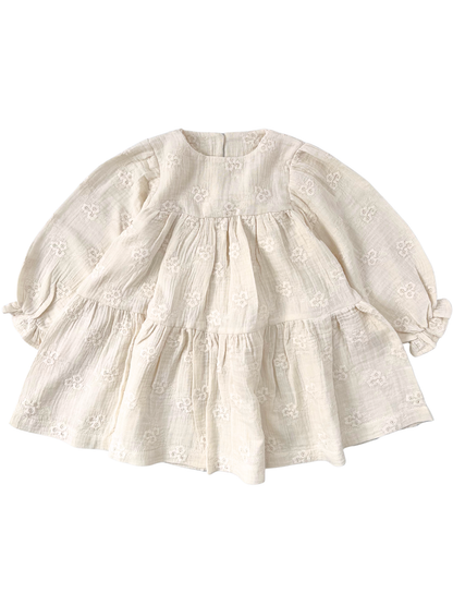 Haftowana sukienka z koronkowym kołnierzem - kremowa