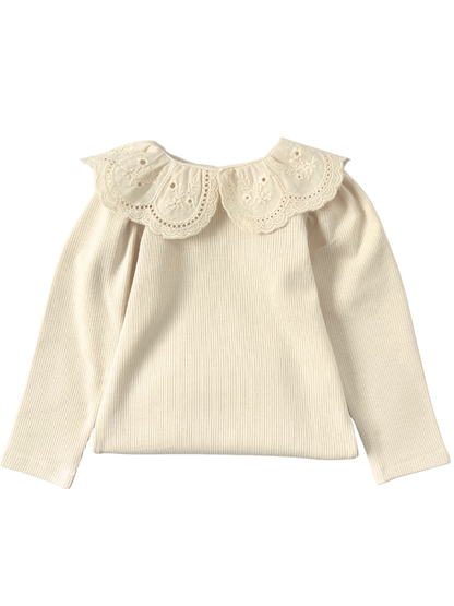 Prążkowane body/bluzka z koronkowym kołnierzykiem -kremowe