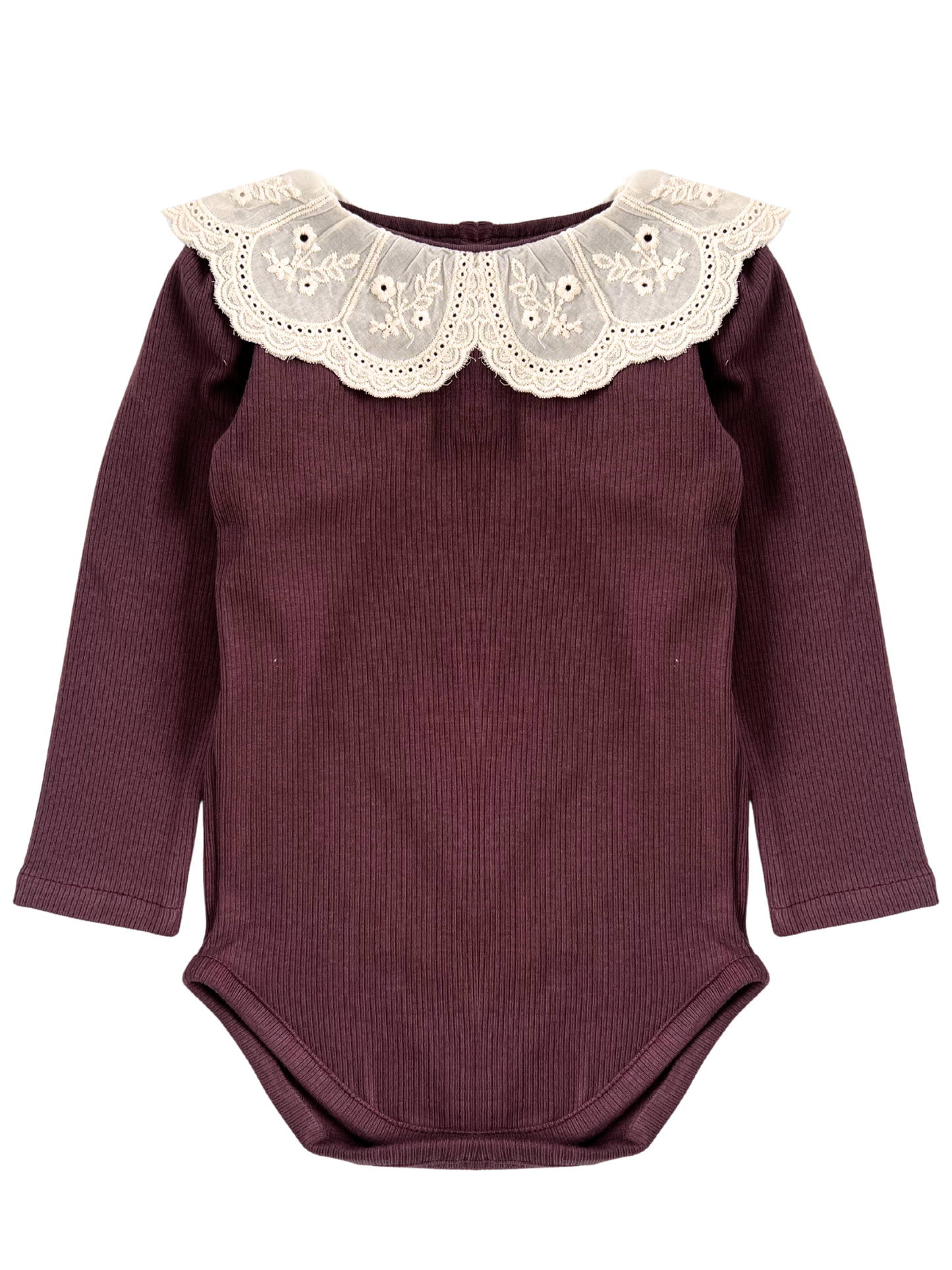 Prążkowane body/bluzka z koronkowym kołnierzykiem -bordowe