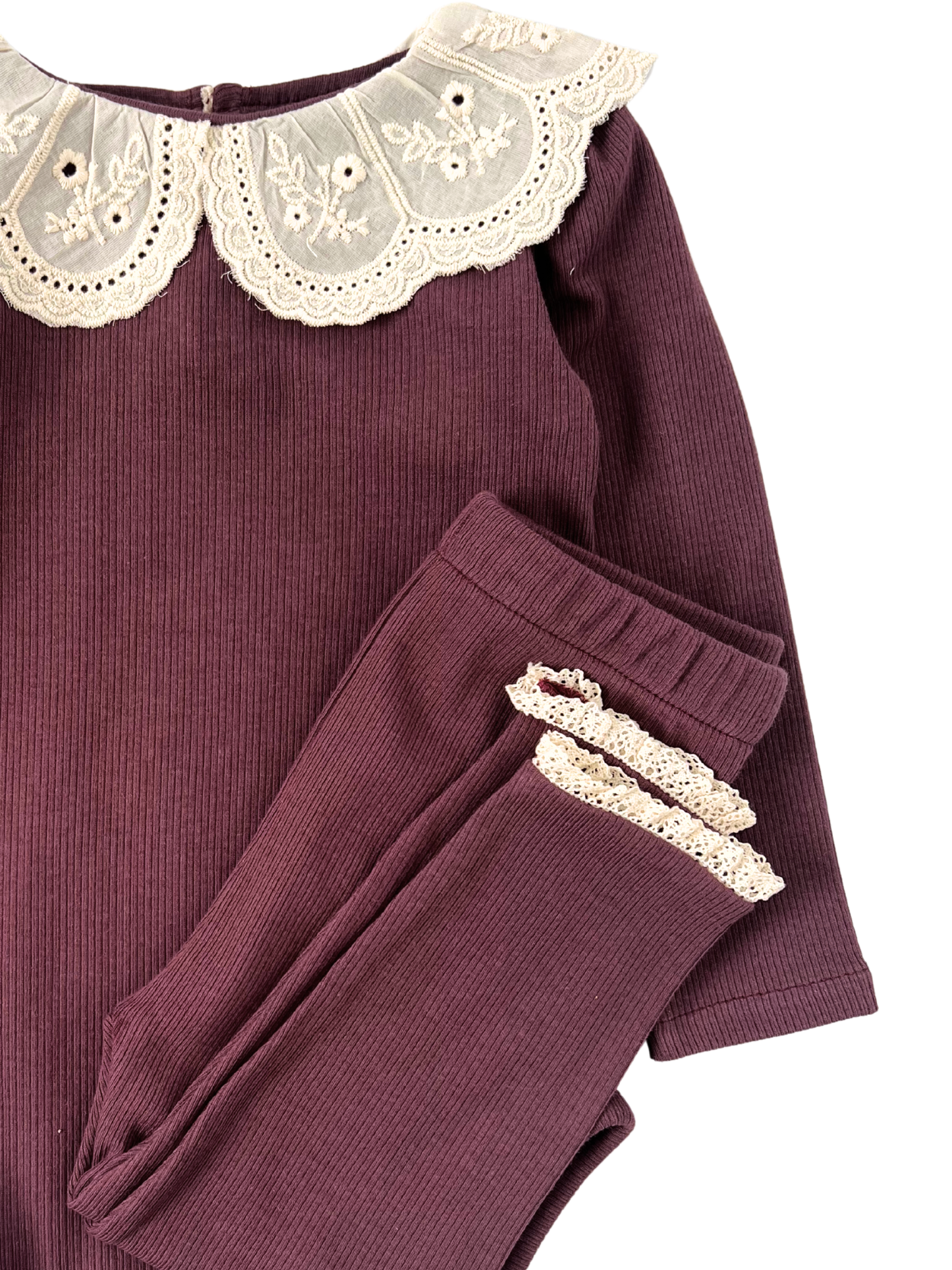 Prążkowane legginsy z koronką -bordowe