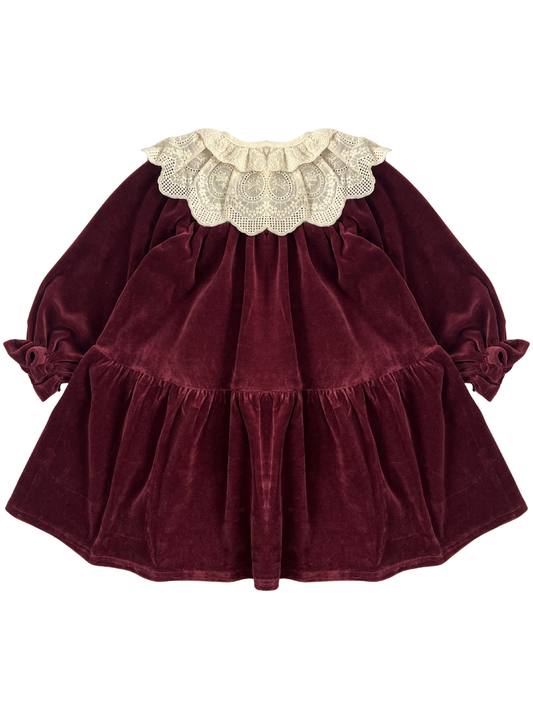 Welurowa sukienka z koronkowym kołnierzem - bordowa